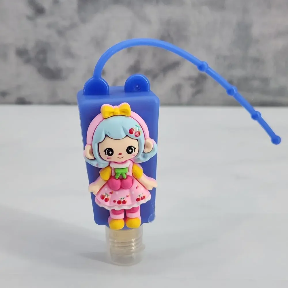 2 EMPTY Kids Refillable Containers Blue & Pink Doll Character Holder with Strap